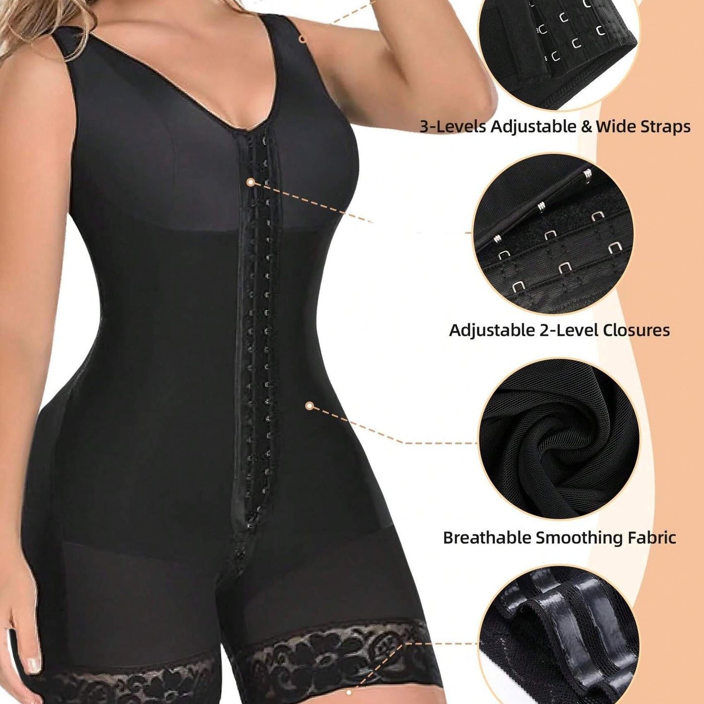 Black shapewear with adjustable straps and closures on a neutral background