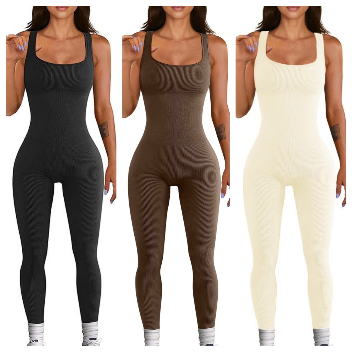 Seamless Sculpting Ribbed Bodysuit – Full-Length Shaping Tank Jumpsuit