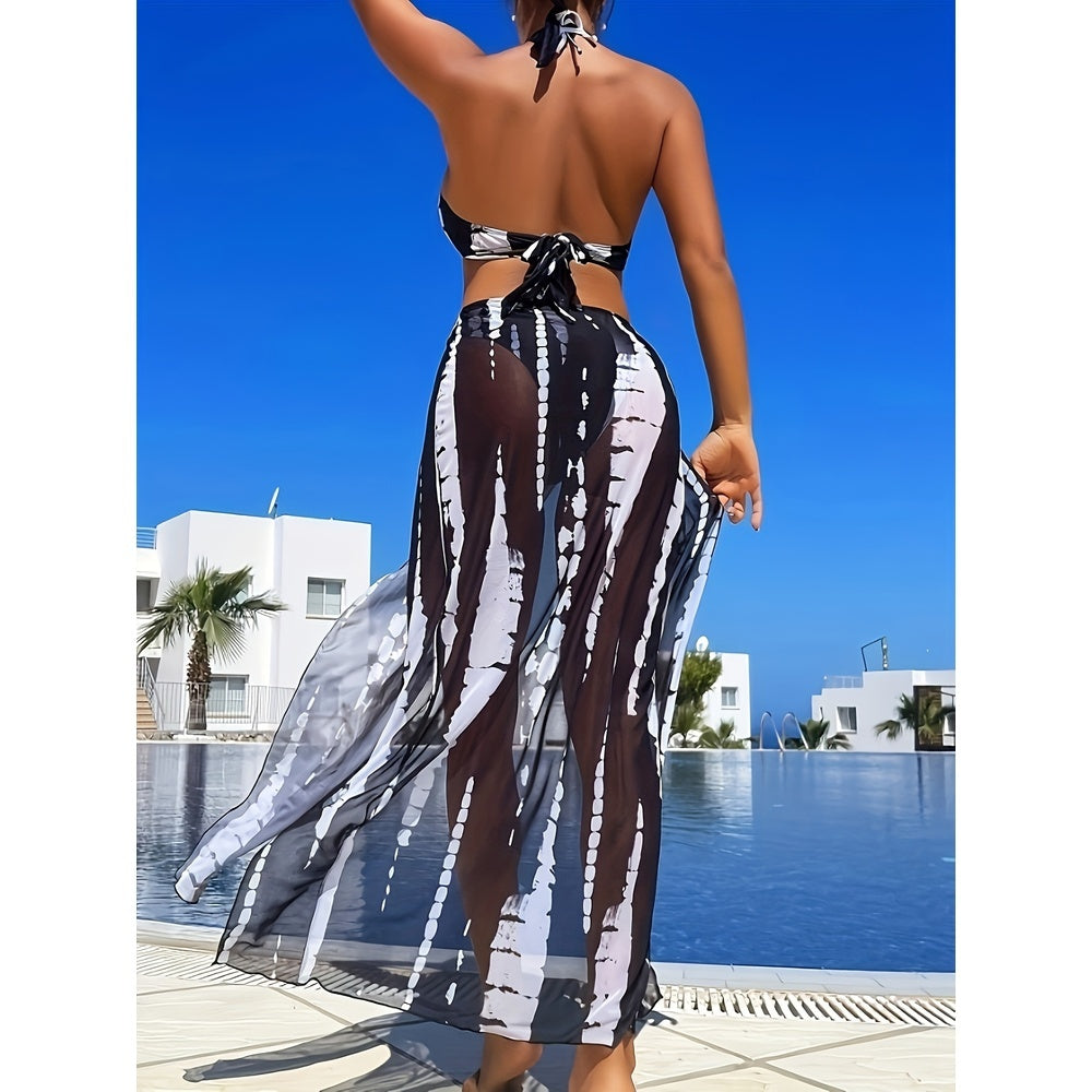 3-Piece Mesh Striped Bikini Set with Cover-Up Skirt
