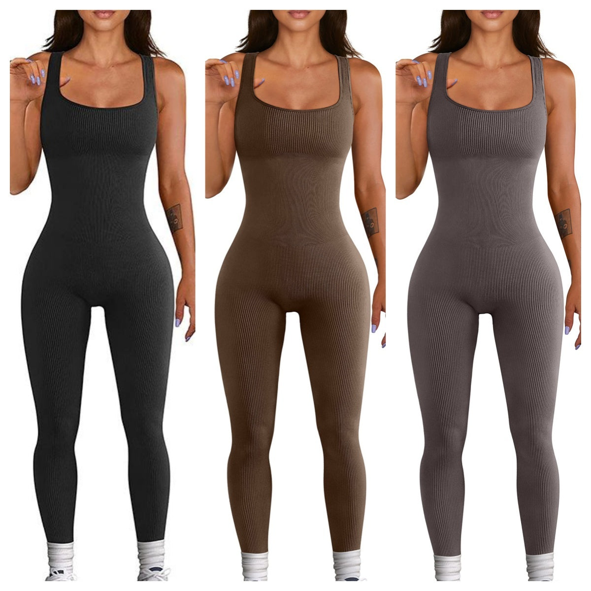 Seamless Sculpting Ribbed Bodysuit – Full-Length Shaping Tank Jumpsuit