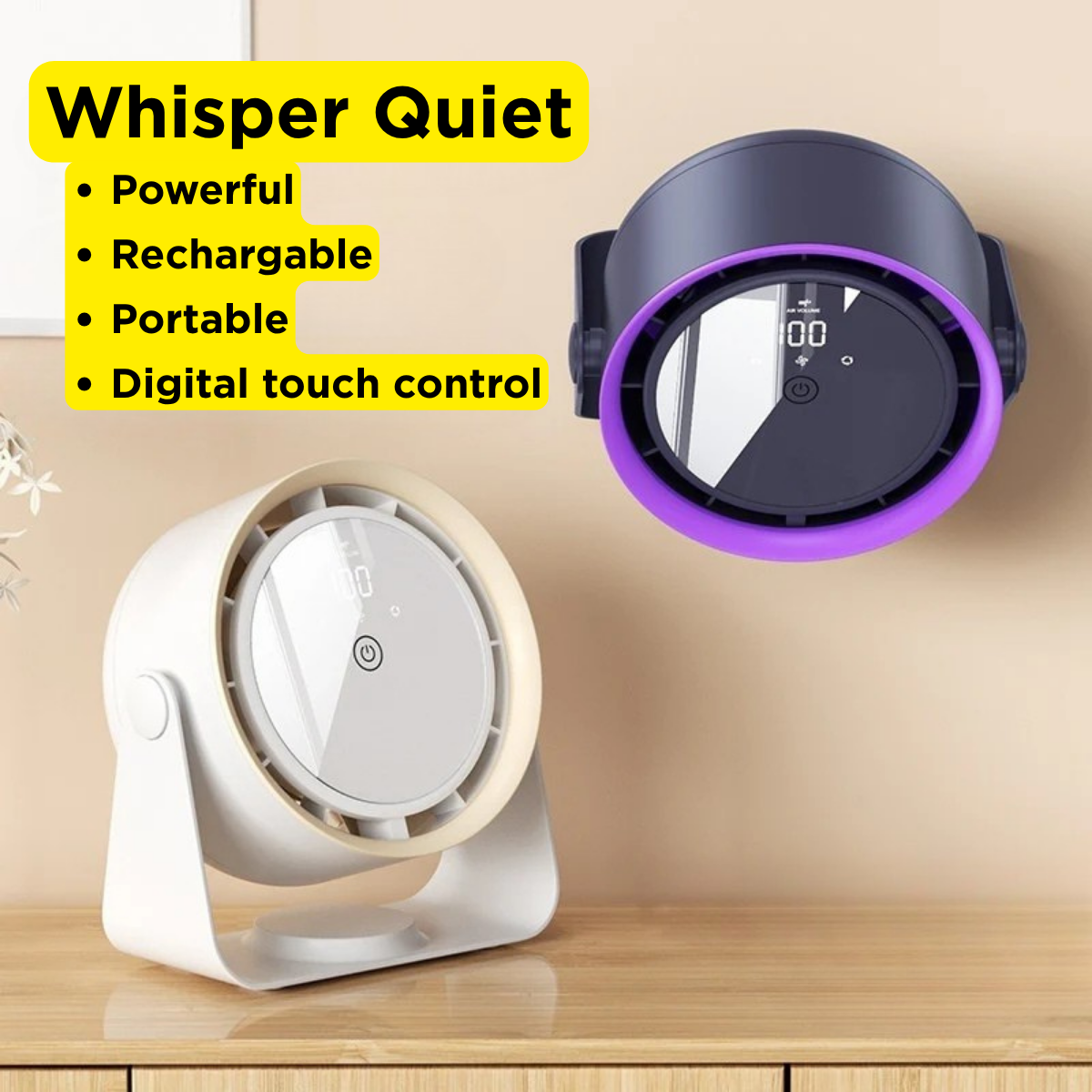 Portable desk & wall fan - rechargable, powerful, quiet with digital controls