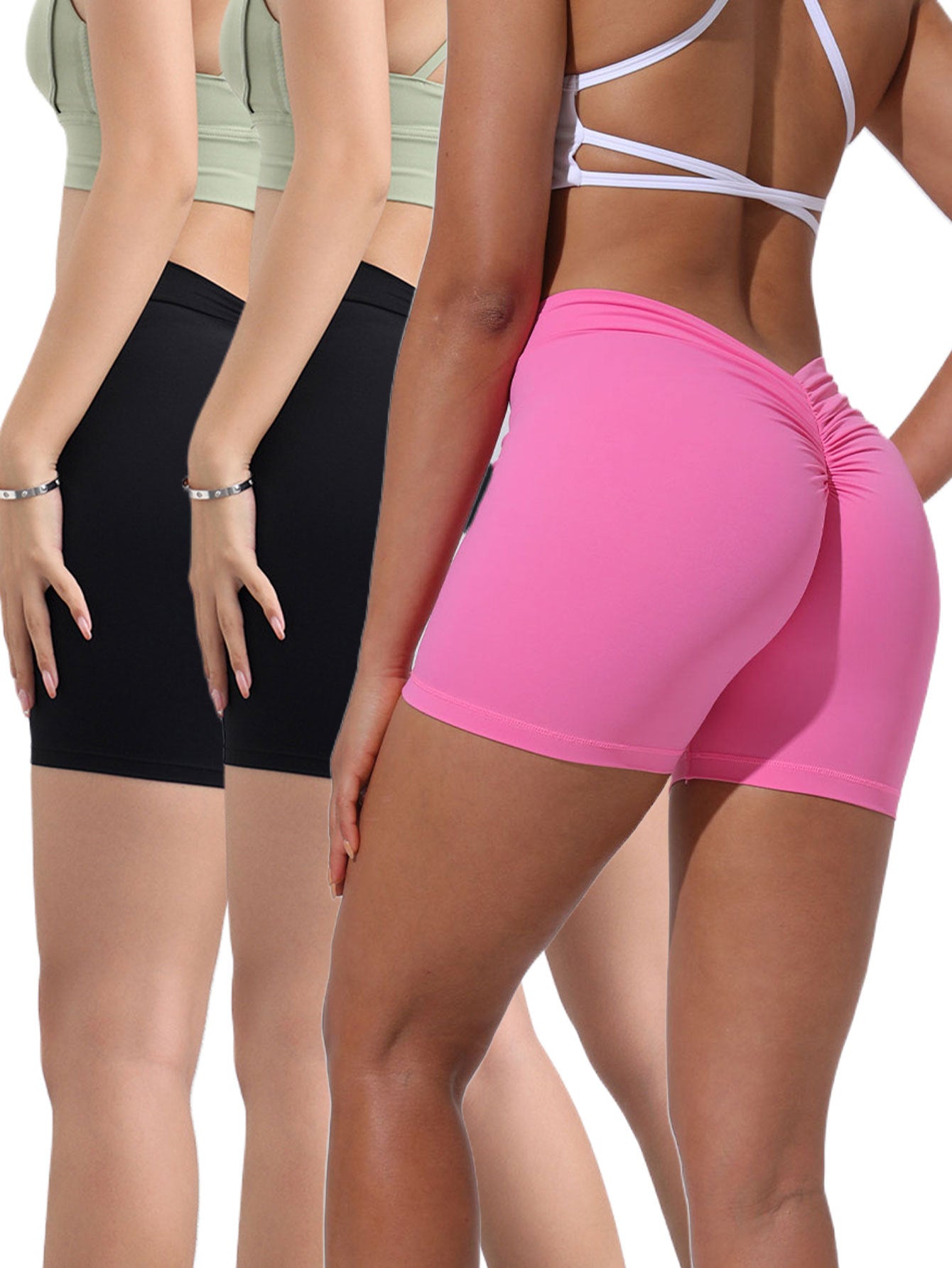 3-Pack Ruched High-Waist Booty Shorts – Tummy Control Yoga & Workout Set