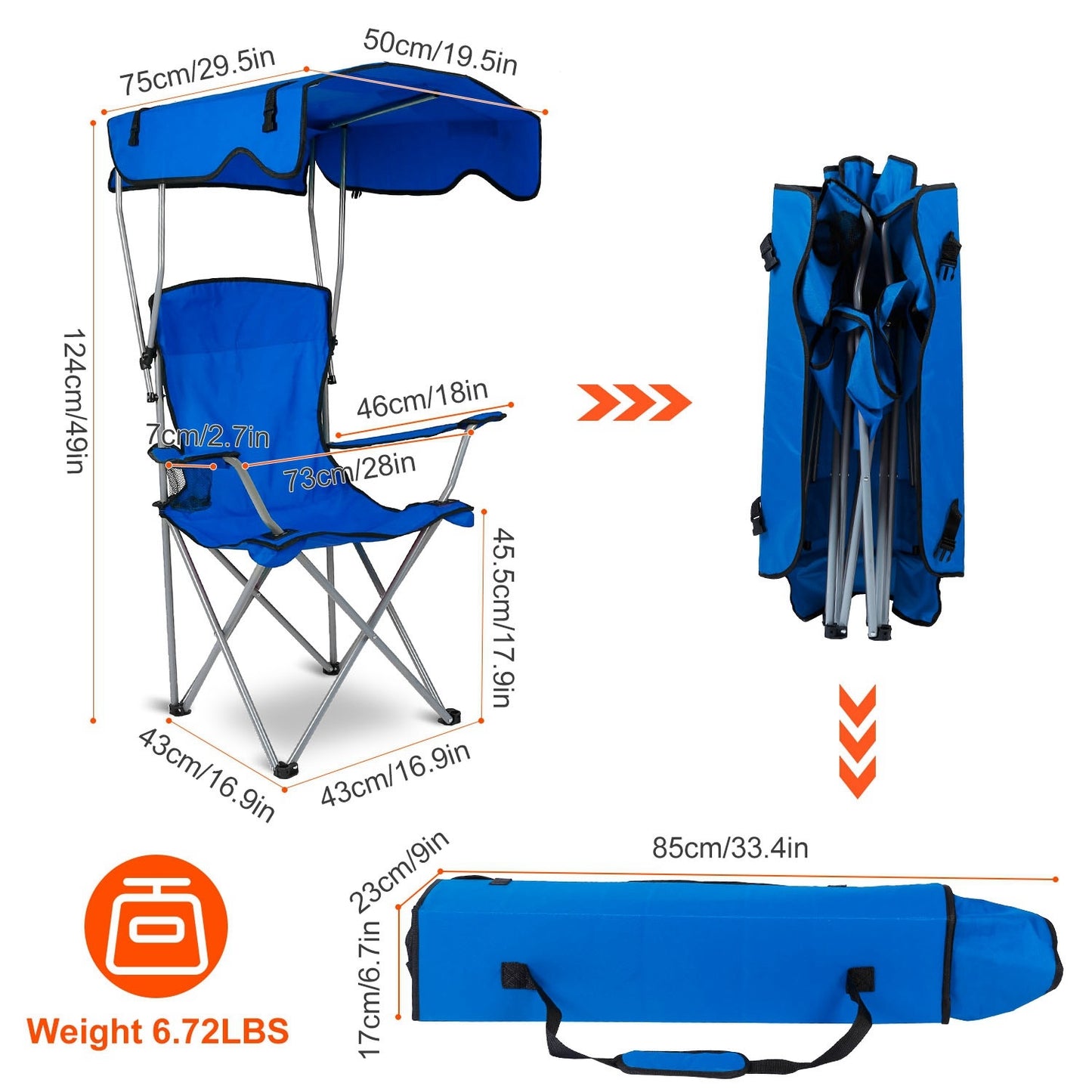 Folding Camping Chair with Canopy and Cup Holder - 330 lb Max Load