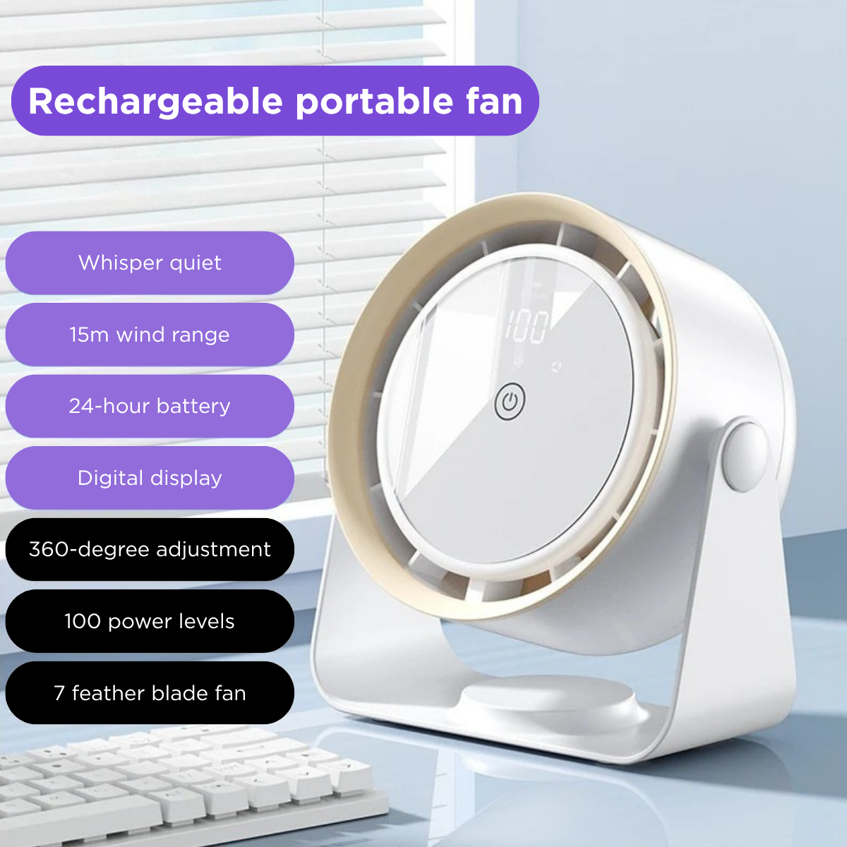 Portable desk & wall fan - rechargable, powerful, quiet with digital controls