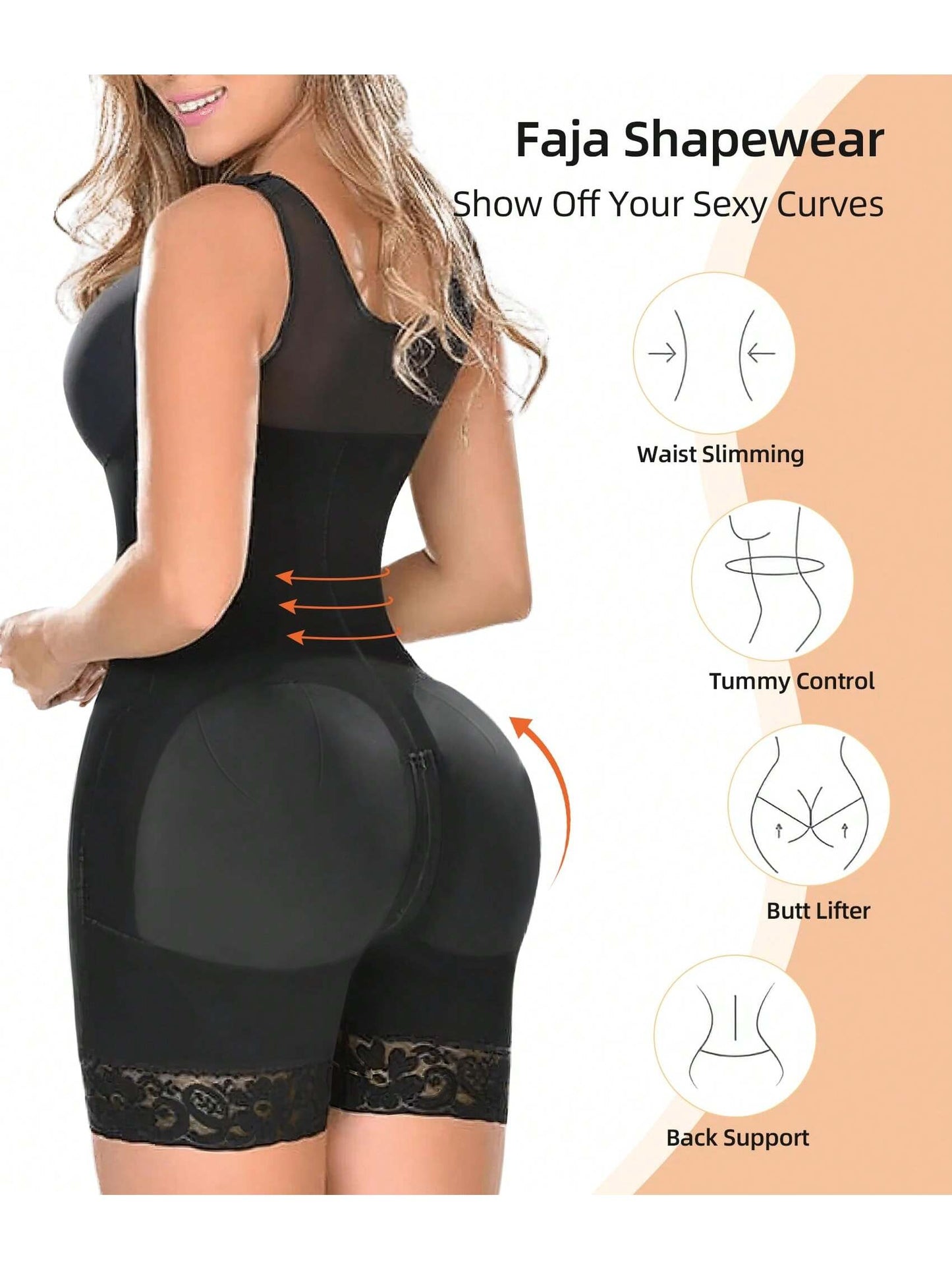 Black shapewear with features highlighted on a beige background