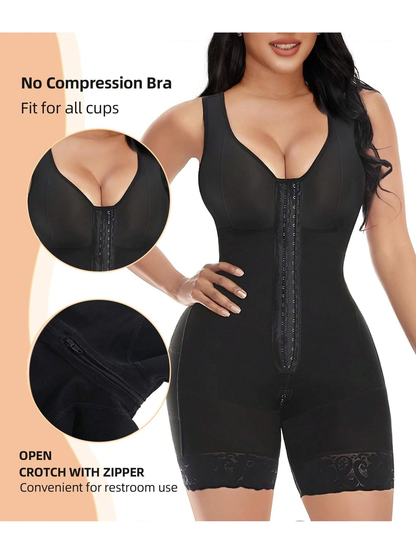 Black compression bodysuit with open crotch and zipper, fit for all cup sizes.
