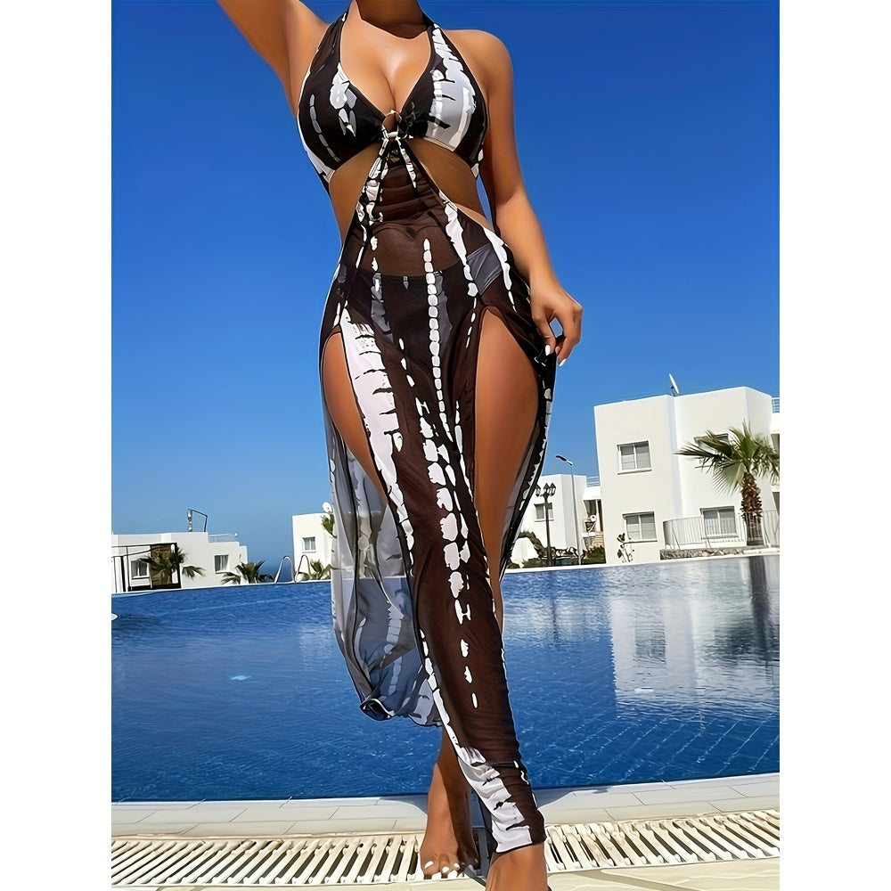 3-Piece Mesh Striped Bikini Set with Cover-Up Skirt