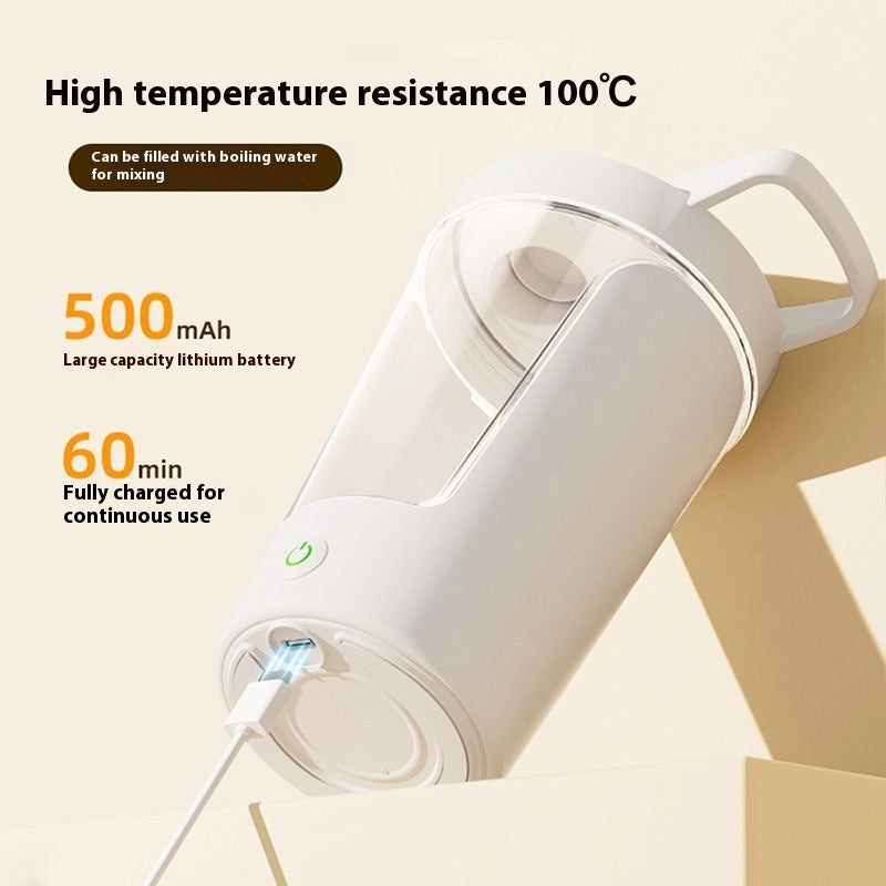 White rechargeable electric protein shaker with charging cable on a beige background, featuring text about temperature resistance and battery capacity.
