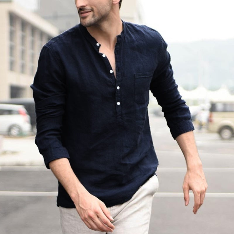 Men's Linen Blend Henley Shirt – Casual Long Sleeve Top