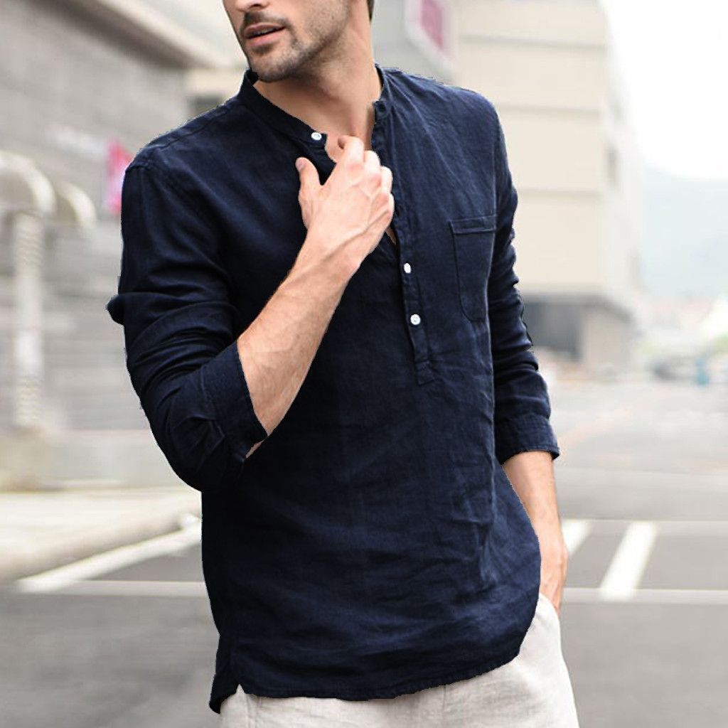 Men's Linen Blend Henley Shirt – Casual Long Sleeve Top