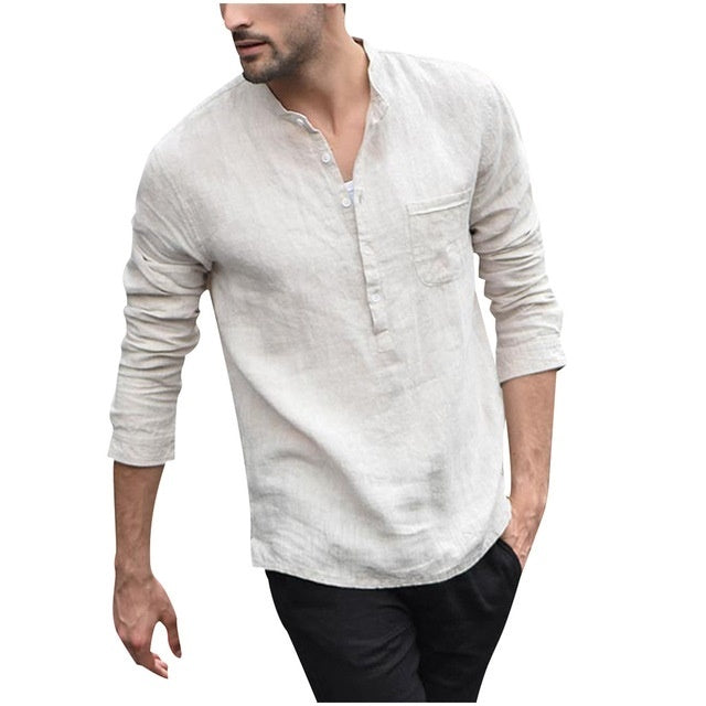 Men's Linen Blend Henley Shirt – Casual Long Sleeve Top