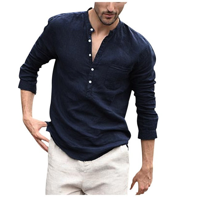 Men's Linen Blend Henley Shirt – Casual Long Sleeve Top