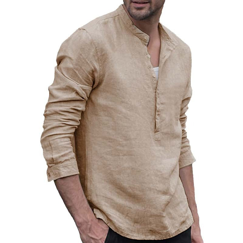 Men's Linen Blend Henley Shirt – Casual Long Sleeve Top