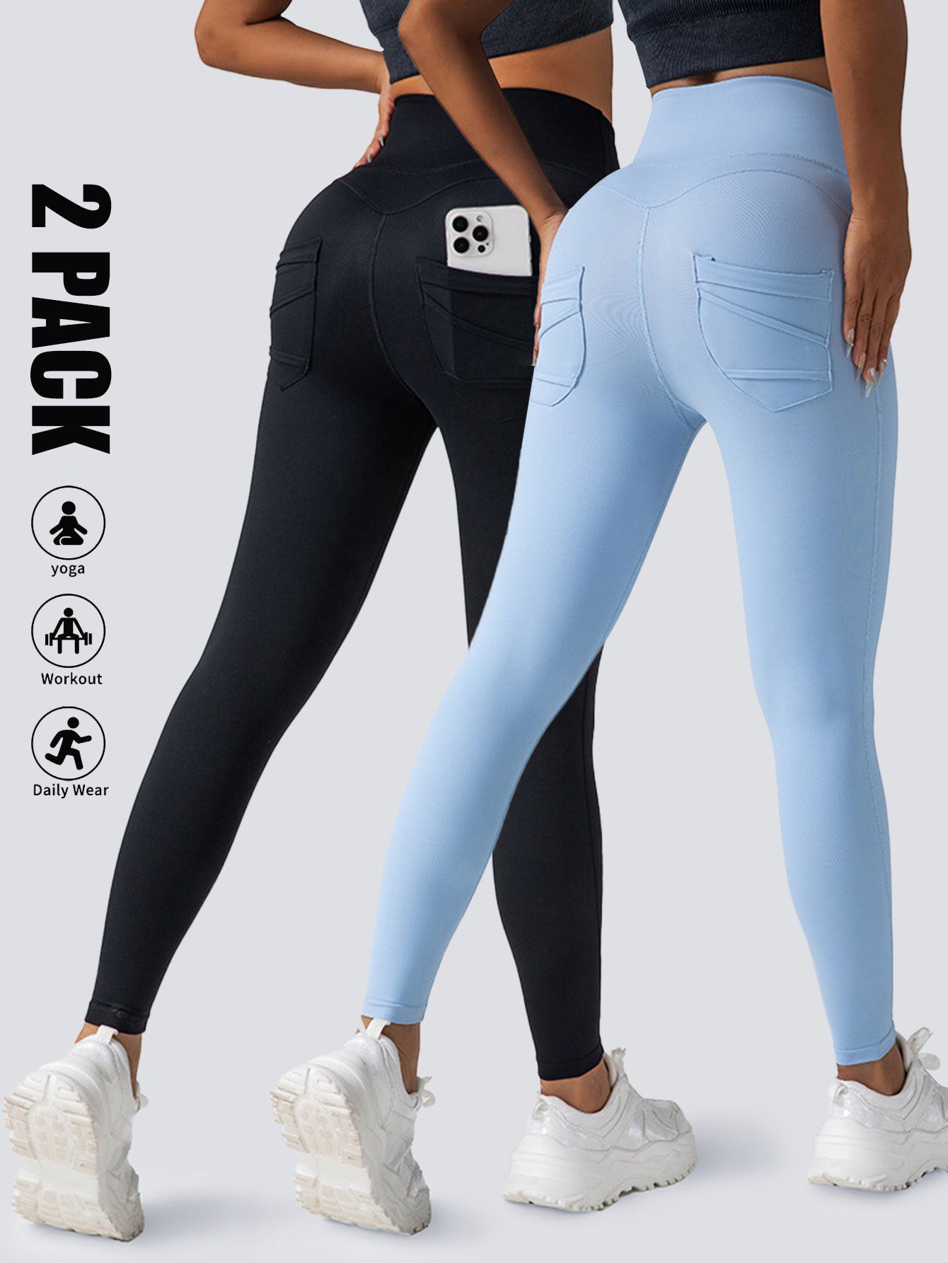 2-Pack High-Waist Scrunch Yoga Leggings with Pockets – Tummy Control Workout Pants for Women