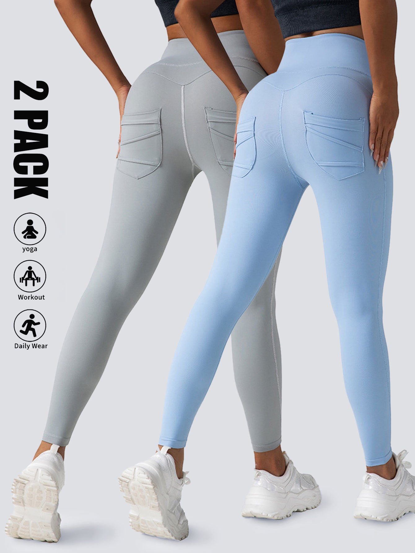 2-Pack High-Waist Scrunch Yoga Leggings with Pockets – Tummy Control Workout Pants for Women