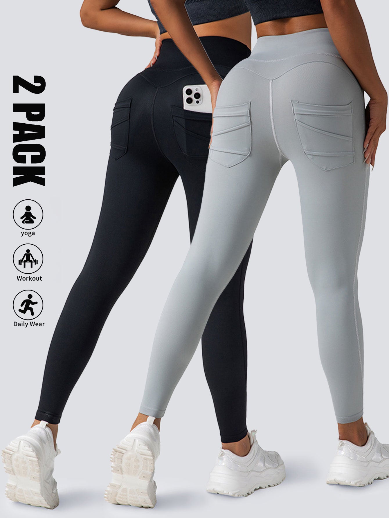2-Pack High-Waist Scrunch Yoga Leggings with Pockets – Tummy Control Workout Pants for Women