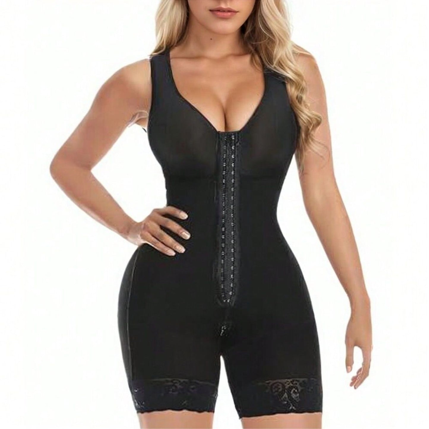 Black shapewear bodysuit worn by a model on a white background