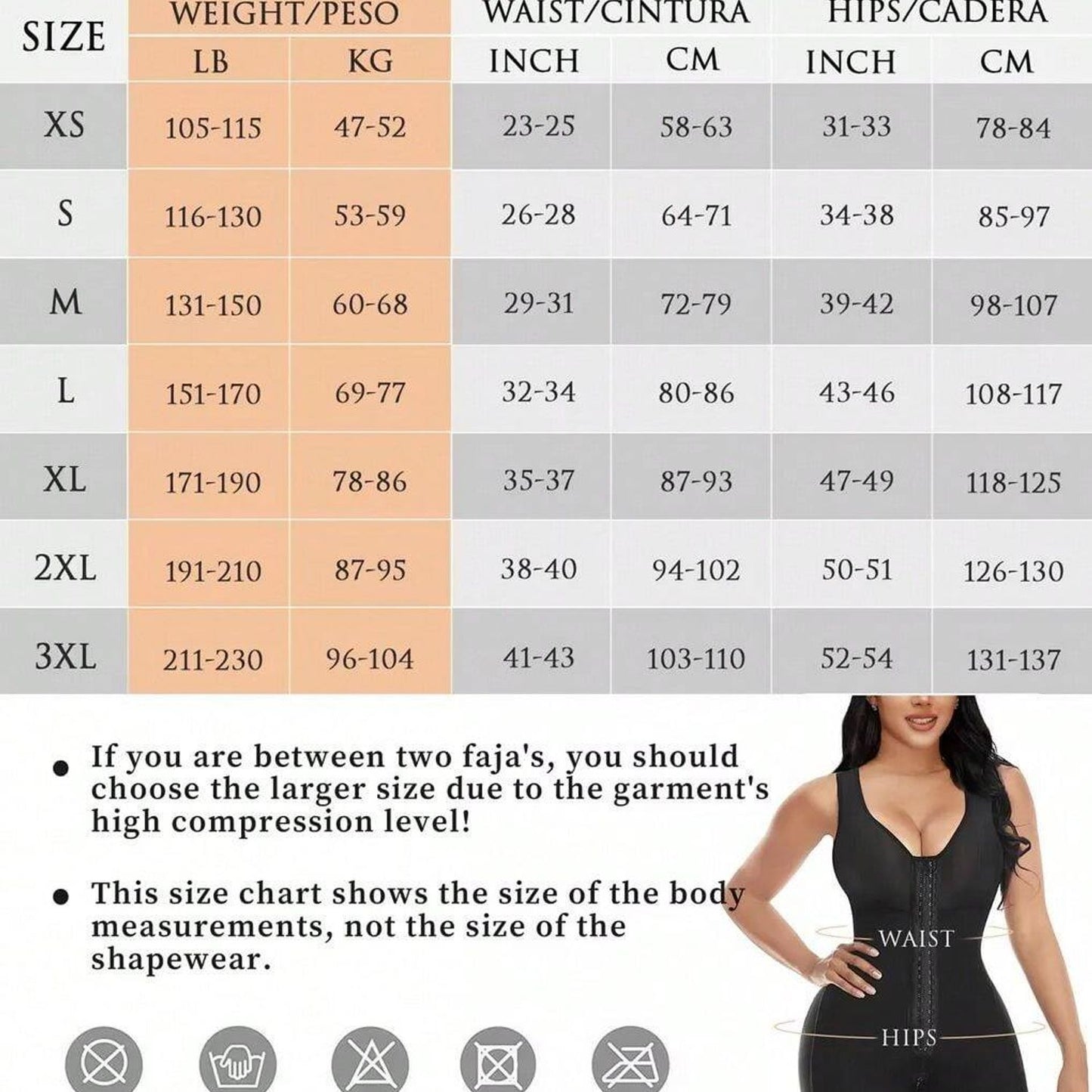 Size chart for shapewear with weight, waist, and hip measurements.