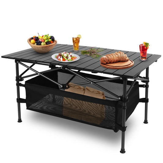 FoldEase Aluminum Roll-Up Camping Table with Storage Basket