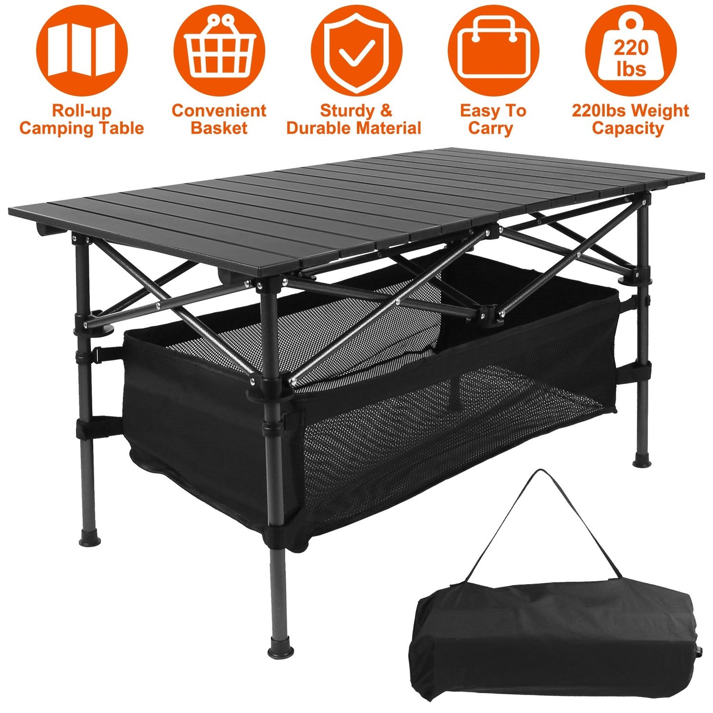 FoldEase Aluminum Roll-Up Camping Table with Storage Basket