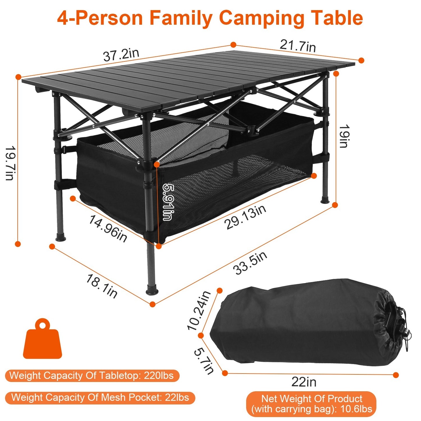 FoldEase Aluminum Roll-Up Camping Table with Storage Basket