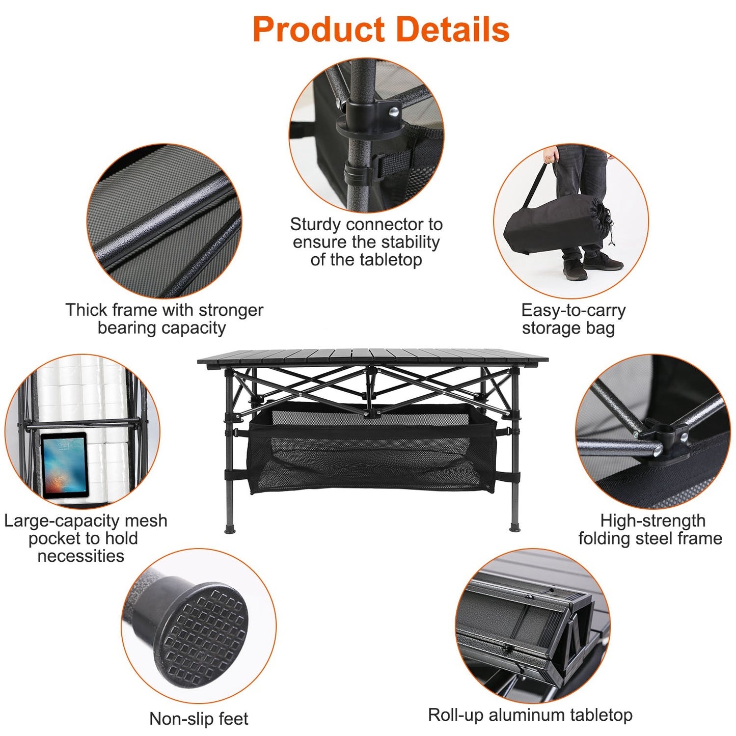 FoldEase Aluminum Roll-Up Camping Table with Storage Basket