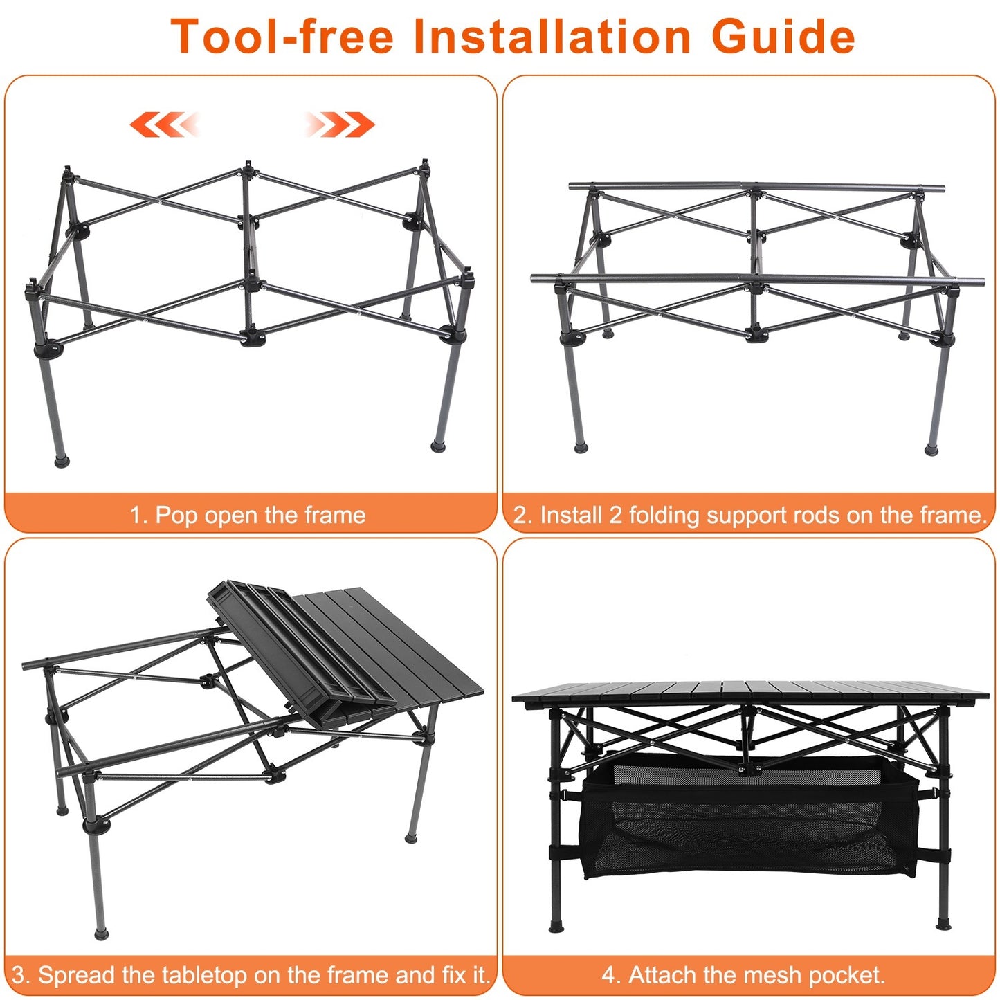 FoldEase Aluminum Roll-Up Camping Table with Storage Basket