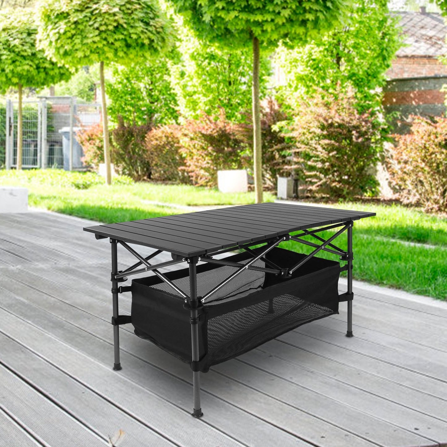 FoldEase Aluminum Roll-Up Camping Table with Storage Basket