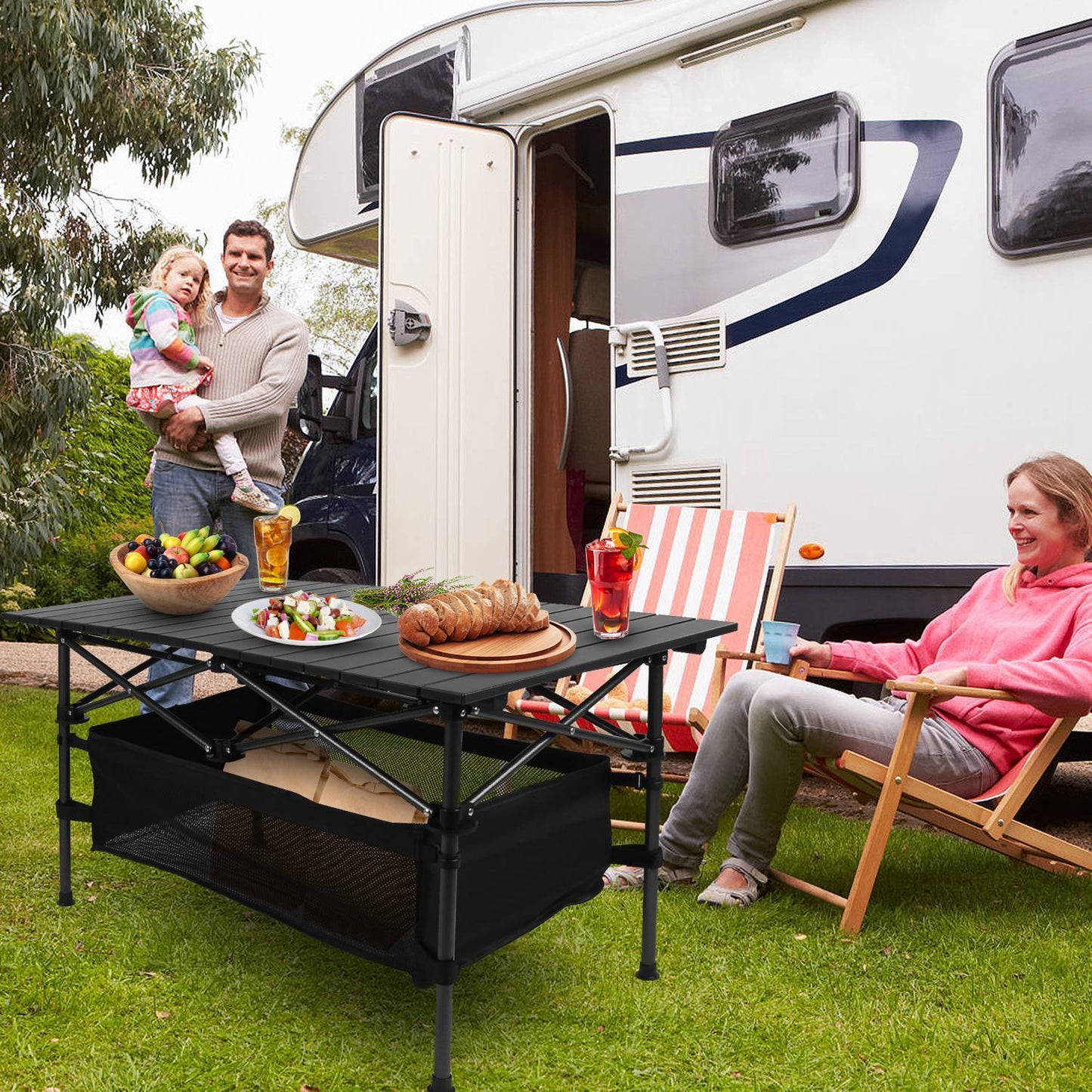 FoldEase Aluminum Roll-Up Camping Table with Storage Basket