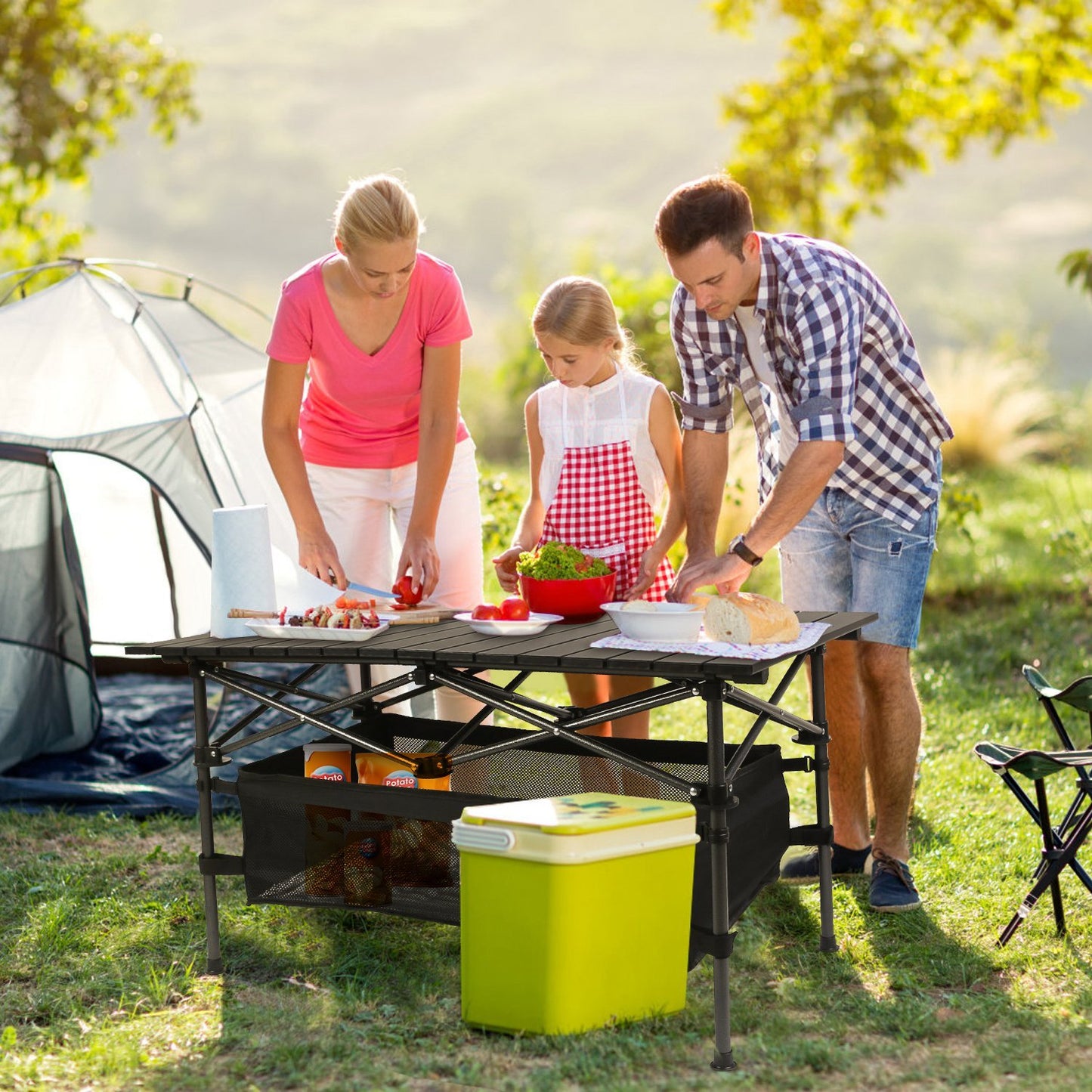 FoldEase Aluminum Roll-Up Camping Table with Storage Basket