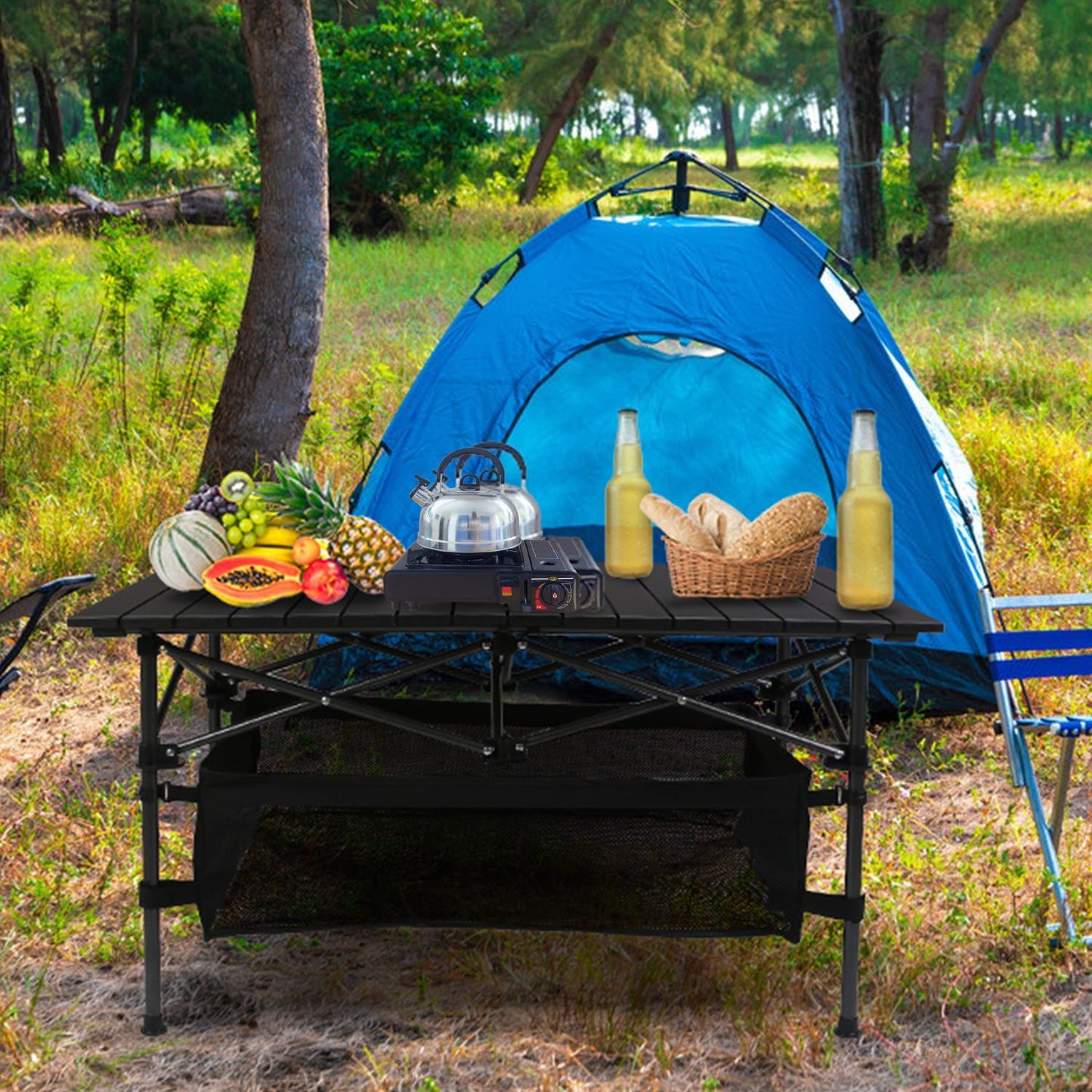 FoldEase Aluminum Roll-Up Camping Table with Storage Basket