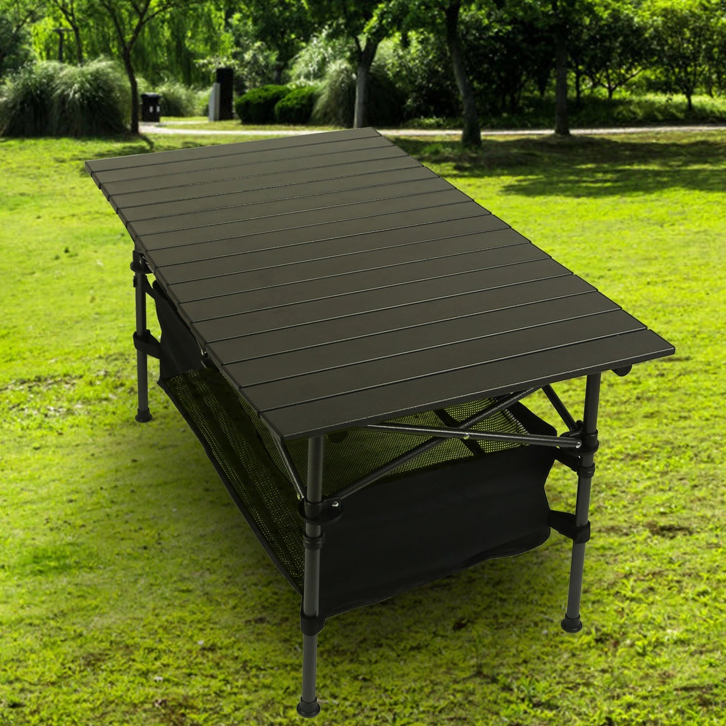 FoldEase Aluminum Roll-Up Camping Table with Storage Basket