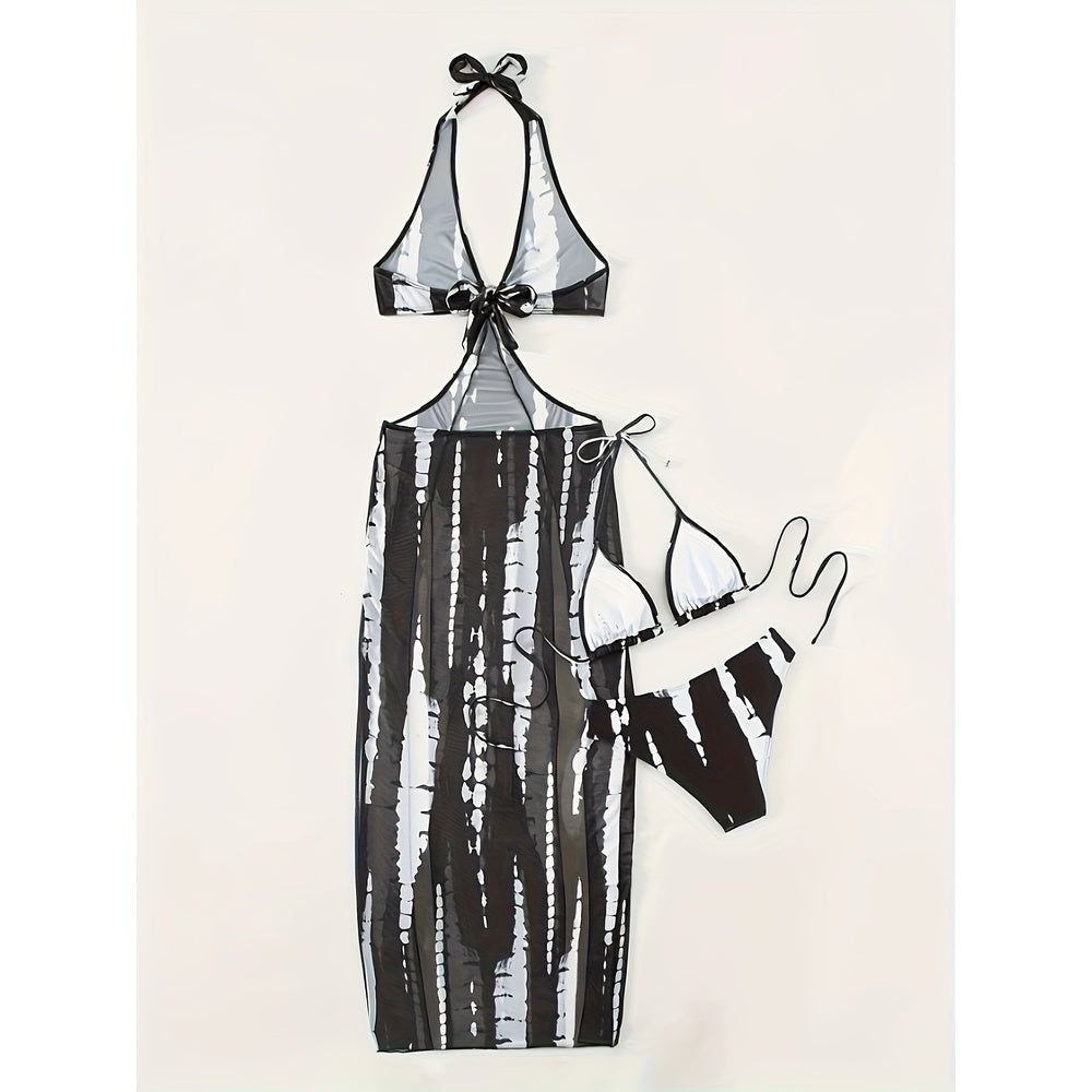3-Piece Mesh Striped Bikini Set with Cover-Up Skirt