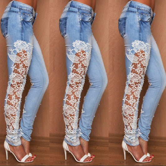 Blossom Lace-Panel Skinny Jeans – Light Wash Denim Elegance