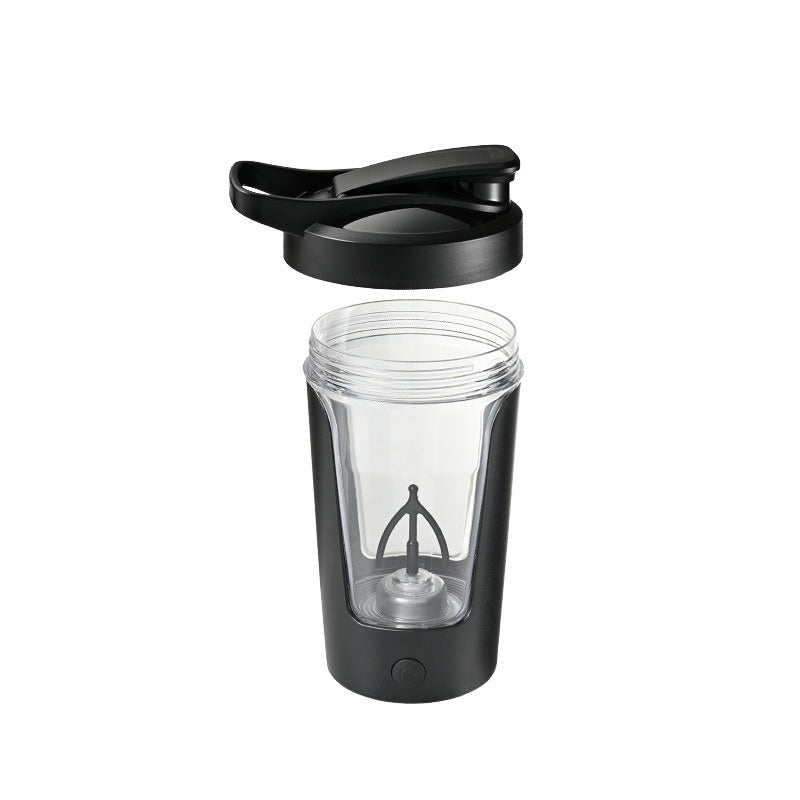 Rechargeable electric protein shaker with clear lid on a white background