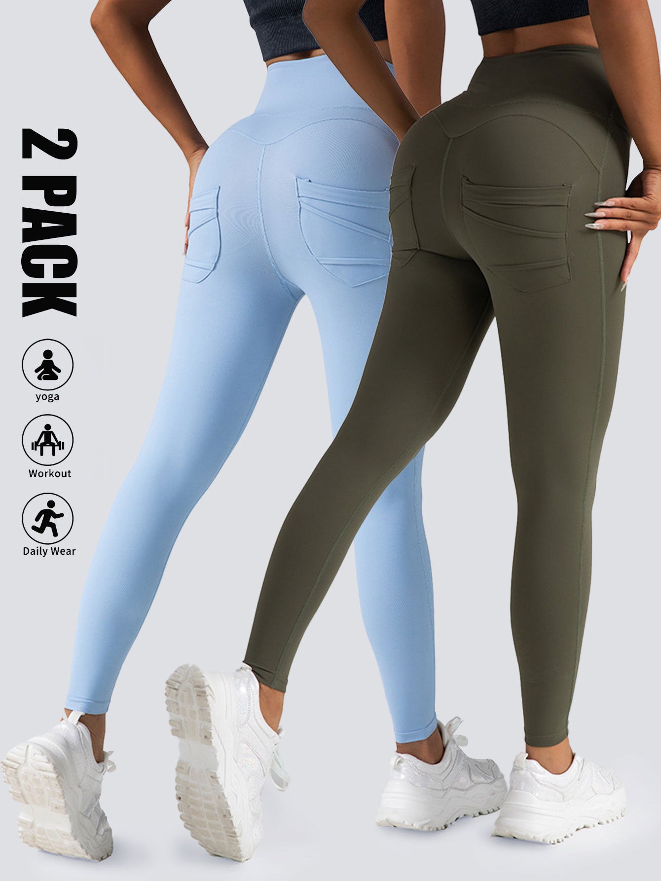 2-Pack High-Waist Scrunch Yoga Leggings with Pockets – Tummy Control Workout Pants for Women