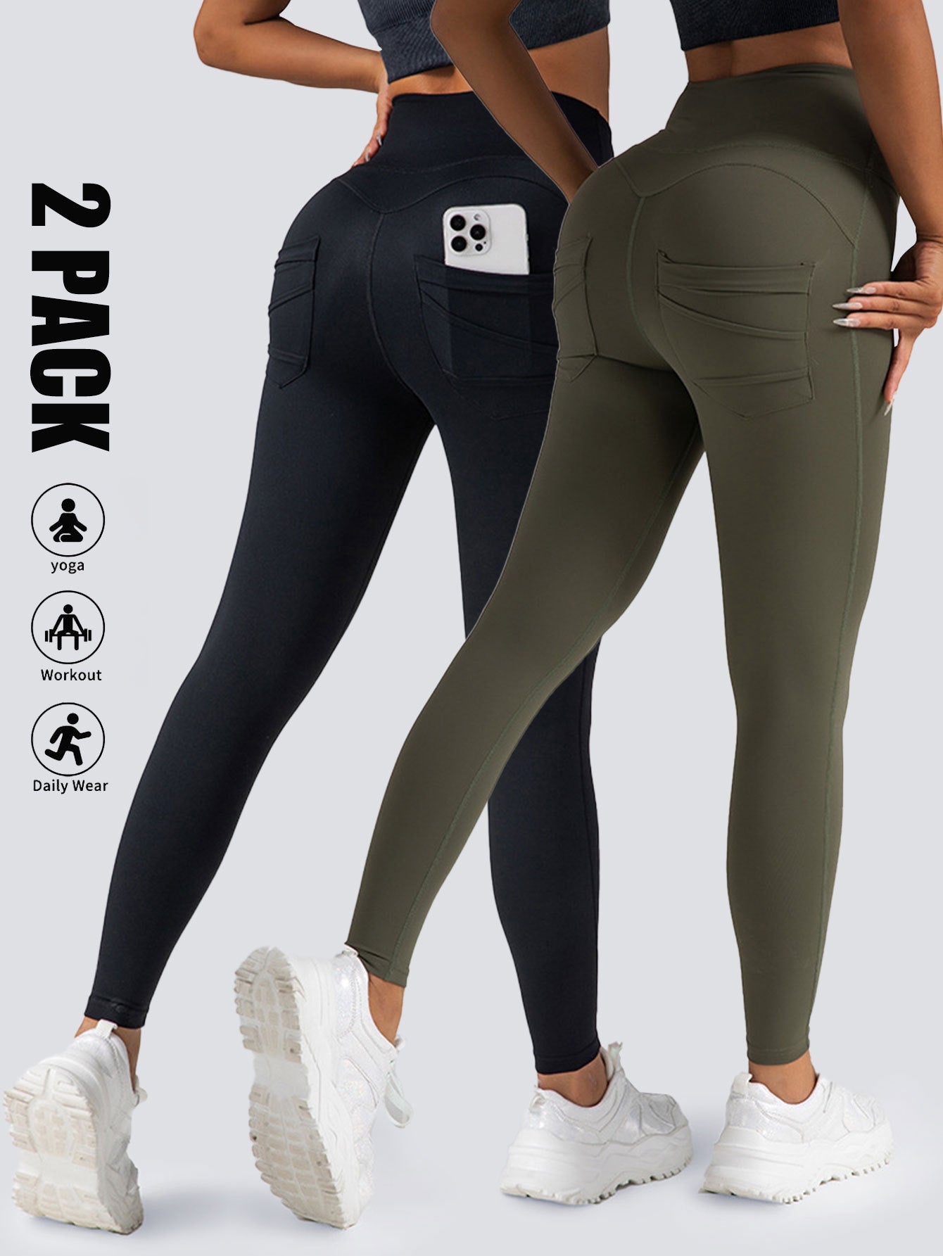 2-Pack High-Waist Scrunch Yoga Leggings with Pockets – Tummy Control Workout Pants for Women