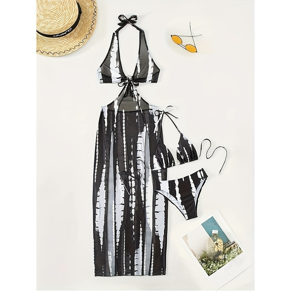 3-Piece Mesh Striped Bikini Set with Cover-Up Skirt