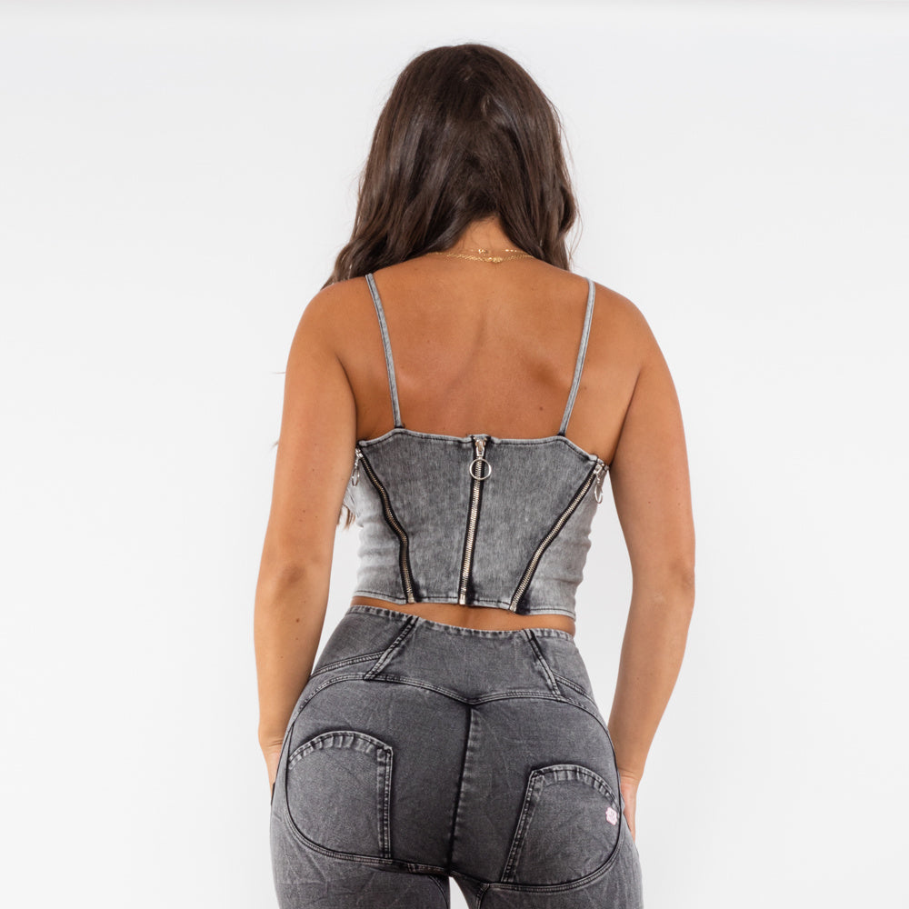 Shascullfites Sculpting Zipper Shapewear Top – One Size Black Denim Look