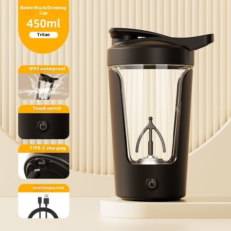 Black rechargeable electric protein shaker with features highlighted on a beige background