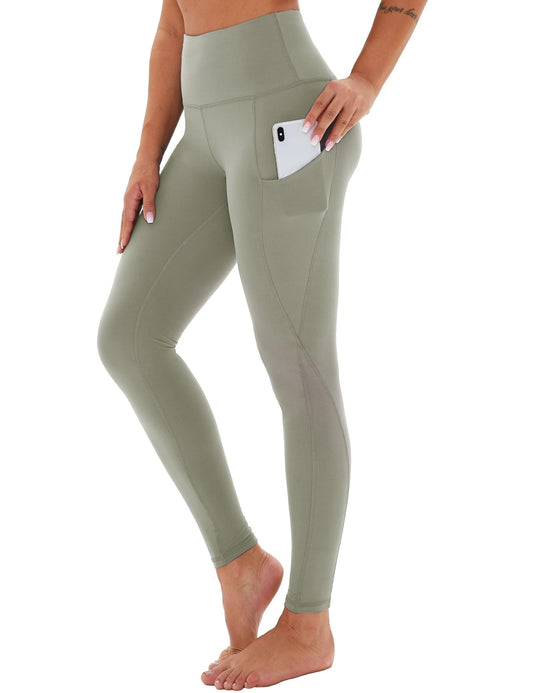 High-Waisted Cropped Yoga Leggings – Slanted Pockets, Compression Fit (Gray Green)