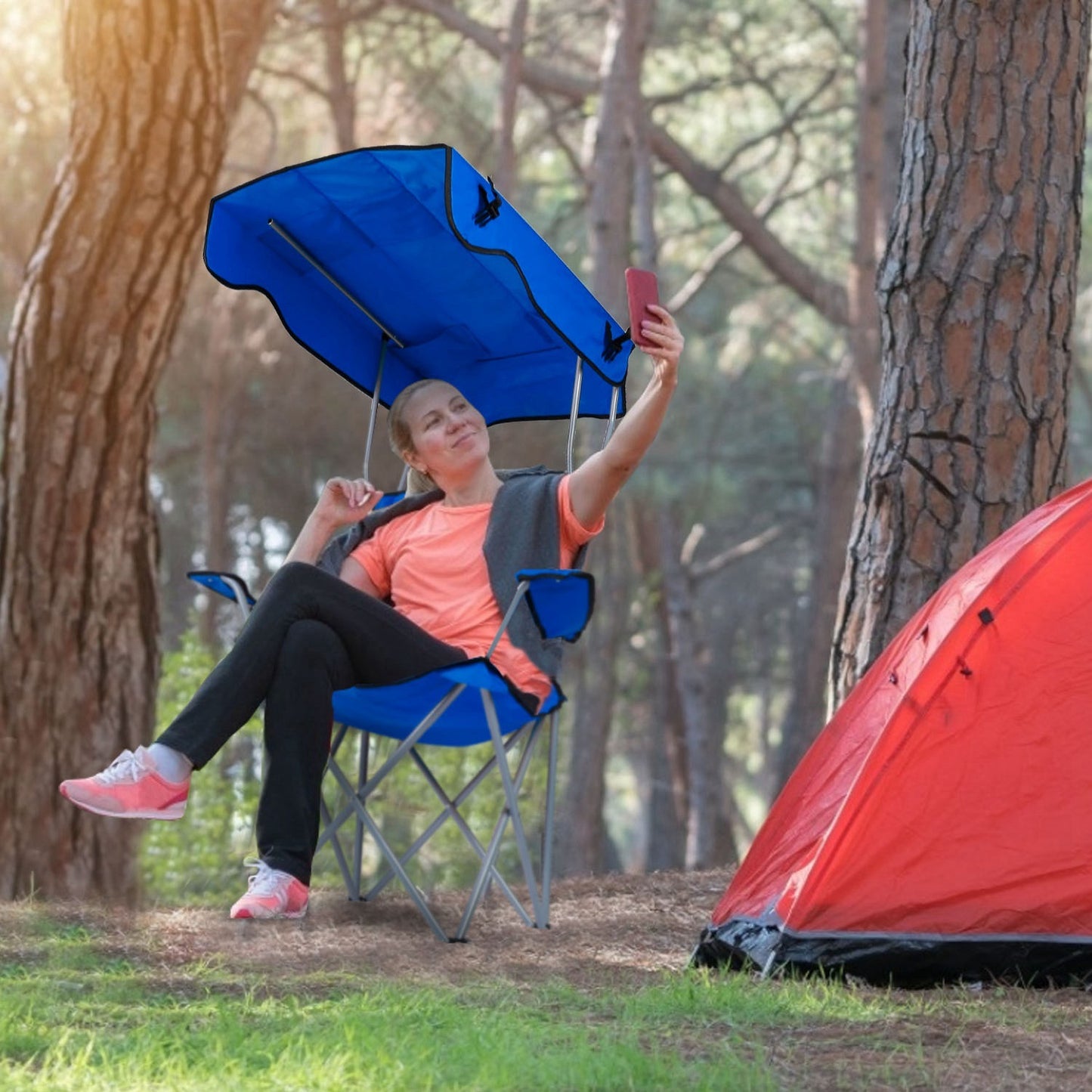 Folding Camping Chair with Canopy and Cup Holder - 330 lb Max Load