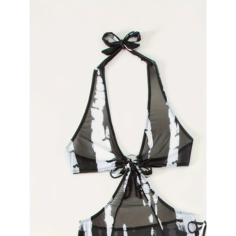3-Piece Mesh Striped Bikini Set with Cover-Up Skirt