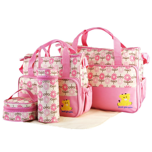 5-Piece Baby Diaper Bag Set – Waterproof Travel Tote with Bottle & Food Bags