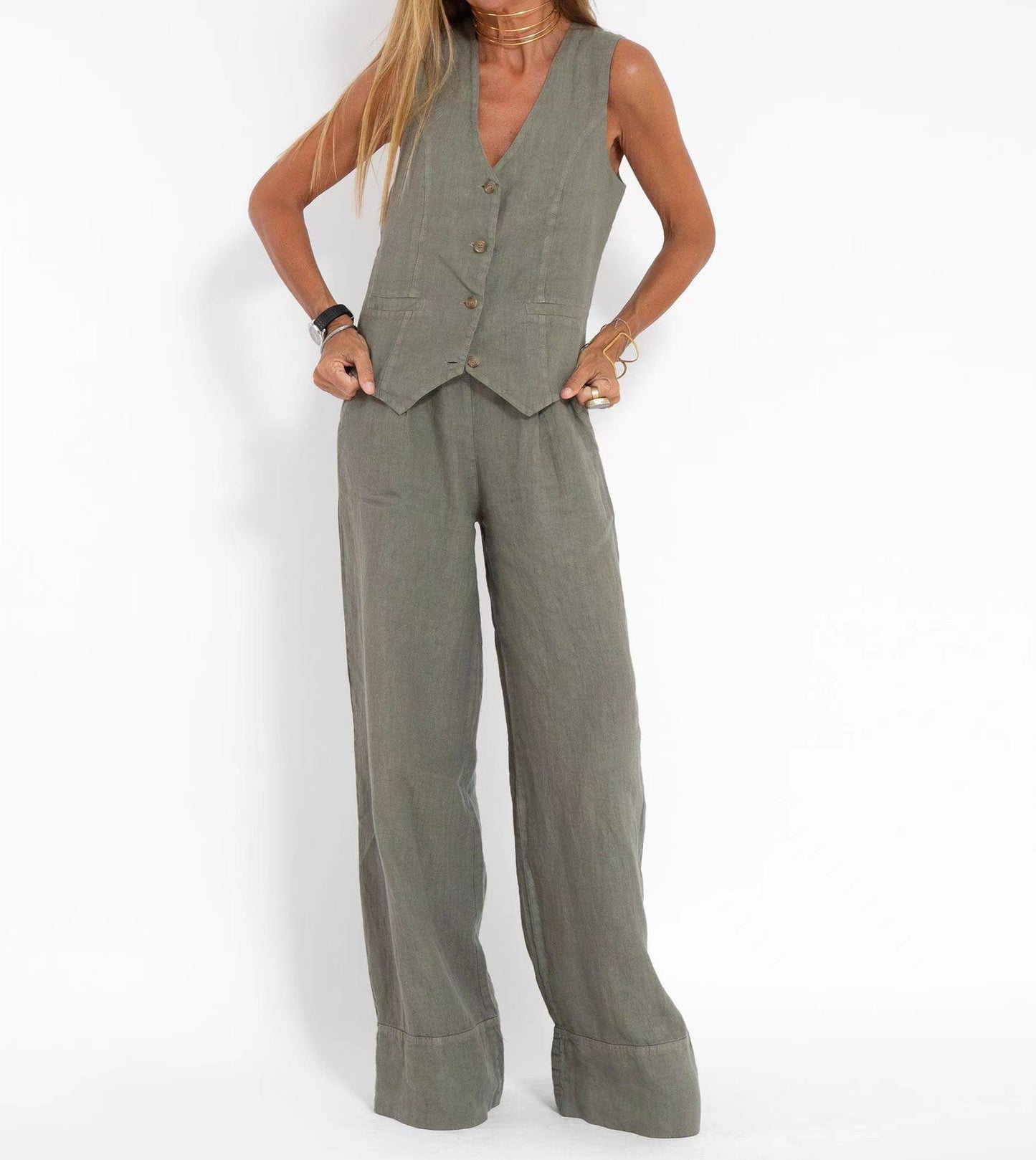 LuxeLoom Linen Vest & Wide-Leg Pants Set