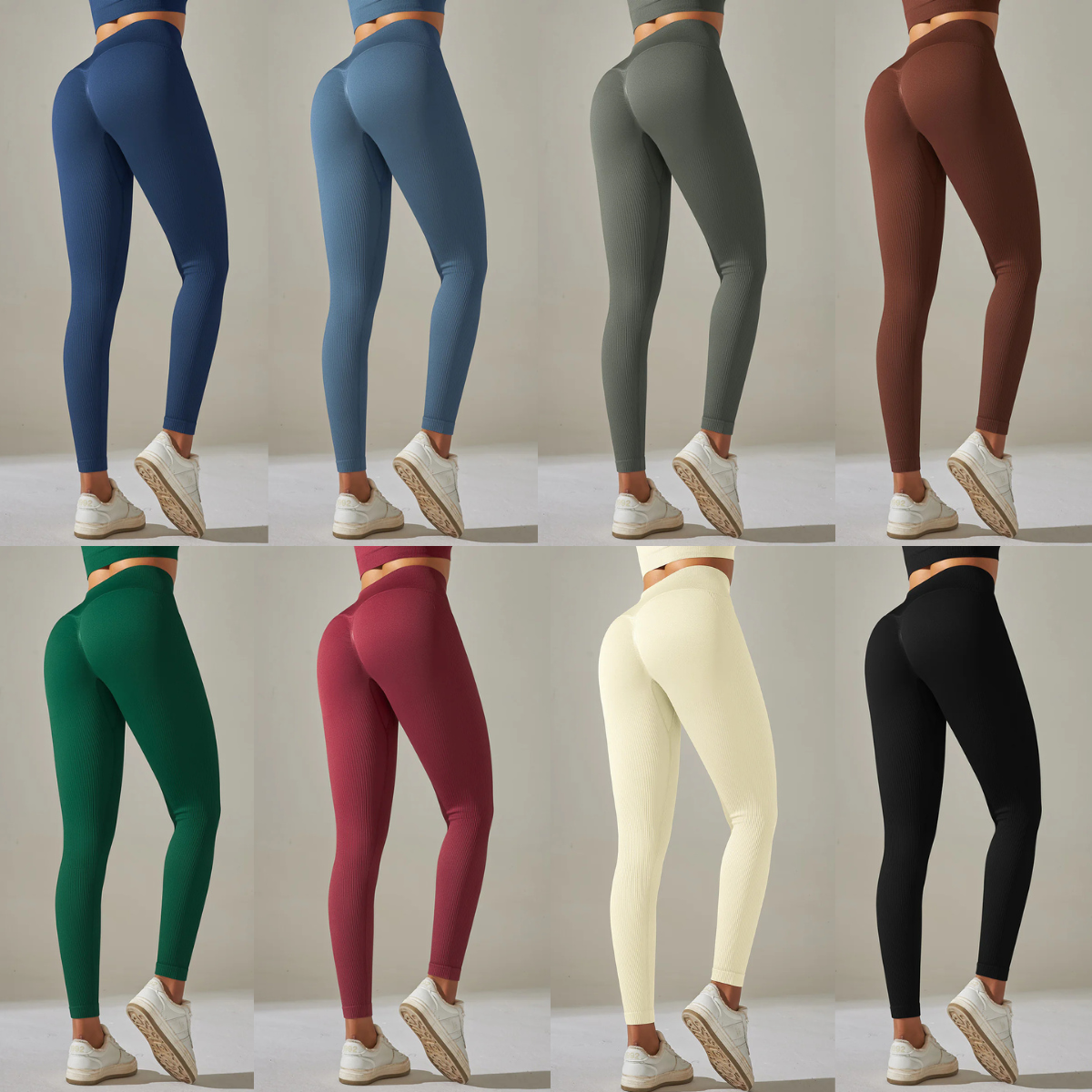 Nine pairs of leggings in different colors worn by models on a neutral background