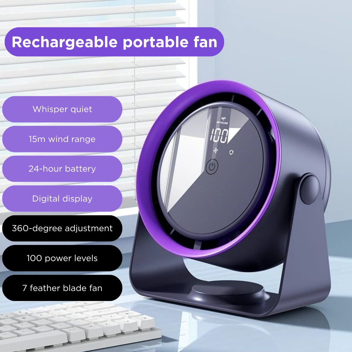 Portable desk & wall fan - rechargable, powerful, quiet with digital controls
