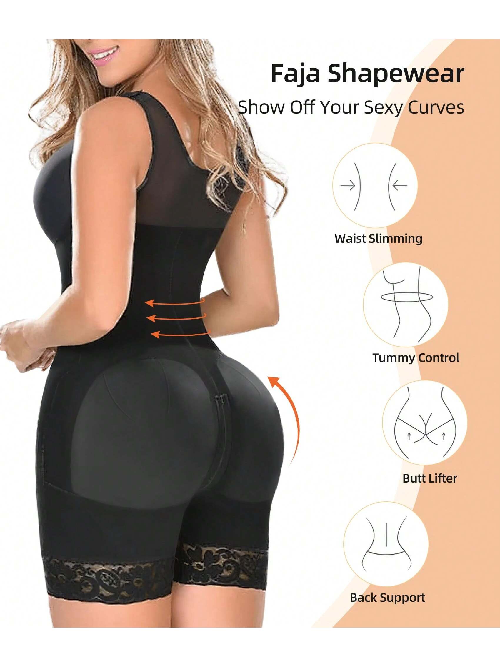 Black shapewear with features highlighted on a beige background